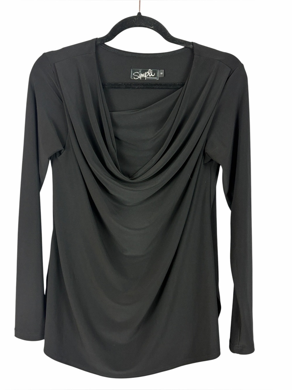 Sympli Black Drape Neck Top Size 6 Made in Canada Long Sleeve Elegant Stretch